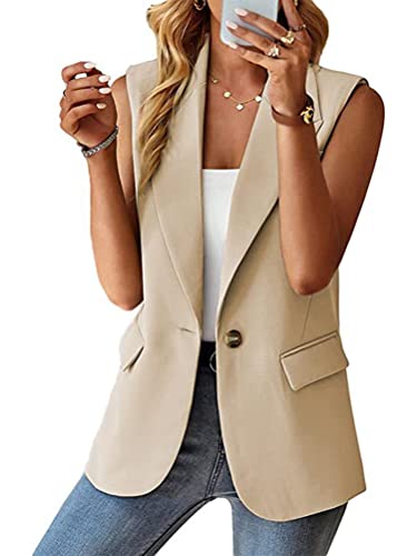 shownicer Blazer Damen Ärmellos Weste Mantel Elegant Slim Fit Geschäft Büro Anzugjacke Jacke Revers Offene Vorderseite Freizeit Business Jacke mit Tasche A Khaki01 L von shownicer