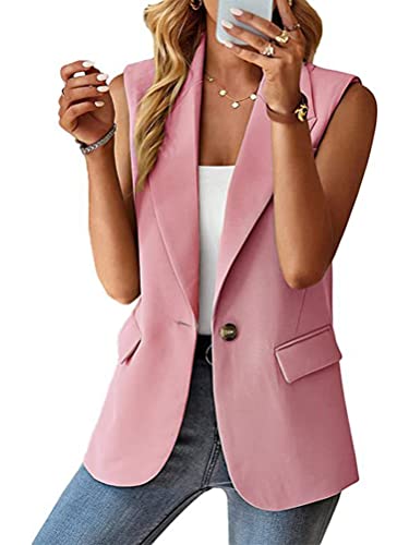 shownicer Blazer Damen Ärmellos Weste Mantel Elegant Slim Fit Geschäft Büro Anzugjacke Jacke Revers Offene Vorderseite Freizeit Business Jacke mit Tasche A Rosa M von shownicer