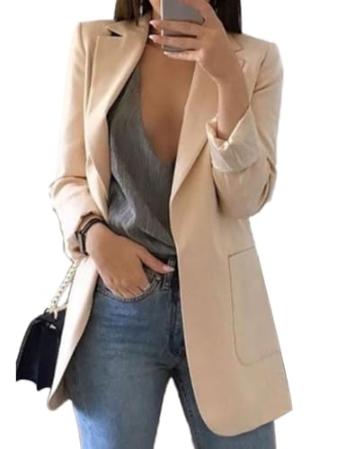 shownicer Blazer Damen Elegant Langarm Einfarbig Revers Geschäft Büro Jacke Sommer Slim Fit Longblazer Business Anzugjacke A Aprikose L von shownicer