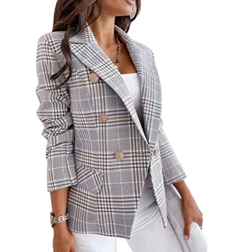 shownicer Blazer Damen Tailliert Blazer Elegant Anzugjacke Büro Office Suit Langarm Business Anzüge Casual Mode Zweireihig Blazer Mäntel Geschäft Outwear E Grau L von shownicer