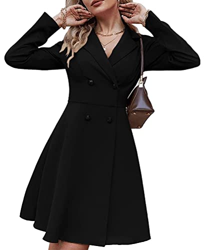 shownicer Blazer Kleid Damen Langarm V-Ausschnitt Hemdkleid Elegant Zweireiher Bodycon Bodycon Office Business Kurzes Kleider Einfarbiges Blazerjacke Minikleider A Schwarz M von shownicer