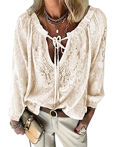 shownicer Bluse Damen Langarm Hemd Boho V-Ausschnitt T-Shirt Spitze Tunika Top Solide Elegant Oberteile Bluse Tops Lange Shirts Herbst und Sommer Khaki M von shownicer