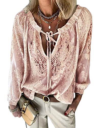 shownicer Bluse Damen Langarm Hemd Boho V-Ausschnitt T-Shirt Spitze Tunika Top Solide Elegant Oberteile Bluse Tops Lange Shirts Herbst und Sommer Rosa XL von shownicer