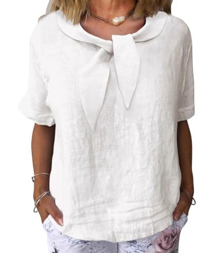 shownicer Bluse Damen Leinenbluse Elegant Blusenshirt Kurzarm Leinenhemd Sommer Rundhals Oberteile Musselin Blusen A Weiß M von shownicer