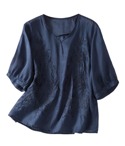 shownicer Bluse Damen Sommer Leinenbluse V-Ausschnitt Leinenhemd Baumwolle Und Leinen Langarmshirts Bestickte Hemden Halbarm Freizeitoberteile Vintage Boho Tops Oversized B Marine L von shownicer