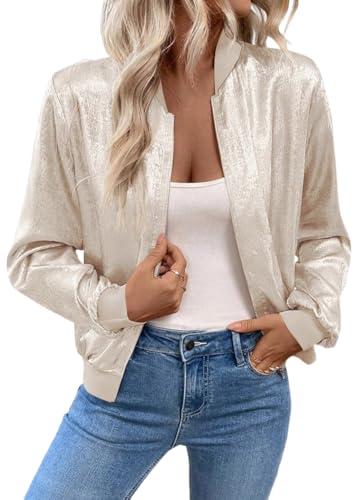 shownicer Bomberjacke Damen Leichte Kurze Blouson Jacke Langarm Übergangsjacke Frühling Sommer Freizeitjacke Damenjacke A Beige L von shownicer