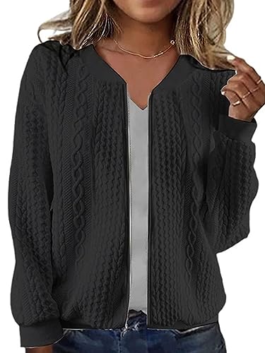 shownicer Bomberjacke Damen Stricken Jacke Coat Herbst Blouson Reißverschluss Jacket Mädchen Kurz Outwear College Leichte Pilotenjacke Langarm Strick Fliegerjacke A Schwarz M von shownicer