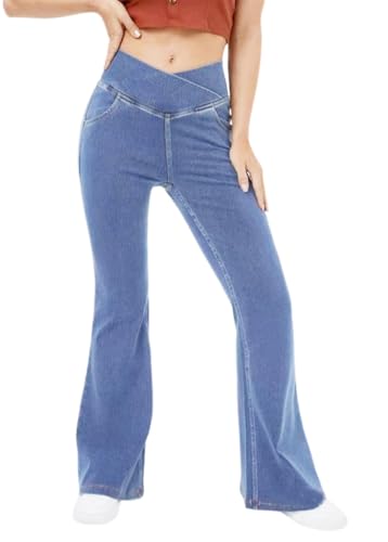 shownicer Bootcut Jeans Damen High Waist Stretch Jeggings Schlaghose Flared Jean mit 4 Taschen Jeanshose A Hellblau 3XL von shownicer