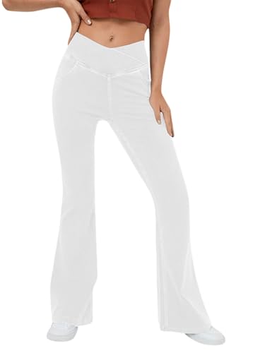 shownicer Bootcut Jeans Damen High Waist Stretch Jeggings Schlaghose Flared Jean mit 4 Taschen Jeanshose A Weiß L von shownicer