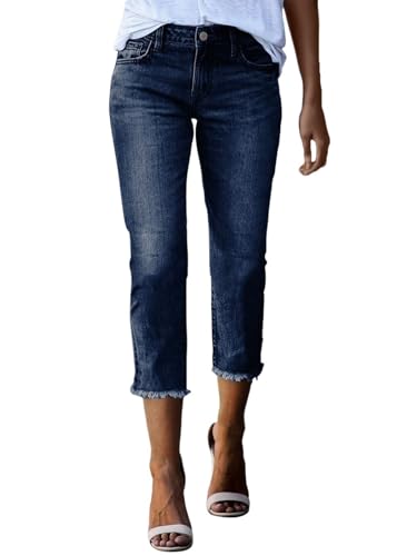 shownicer Capri Jeans Damen Sommer 3/4 Hose Stretch Leggings 7/8 Jean Caprihose Skinny Jeanshose Leich Sommerjeans Dreiviertel Hose A Dunkelblau S von shownicer
