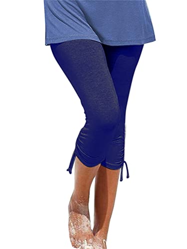 shownicer Caprihose Damen Sommer Capri-Leggings Stretch Sporthose 3/4 Trainingshose Mit Seitlicher Kordelzug Sport-Laufhose Outdoor Hosen Freizeithose A Blau M von shownicer