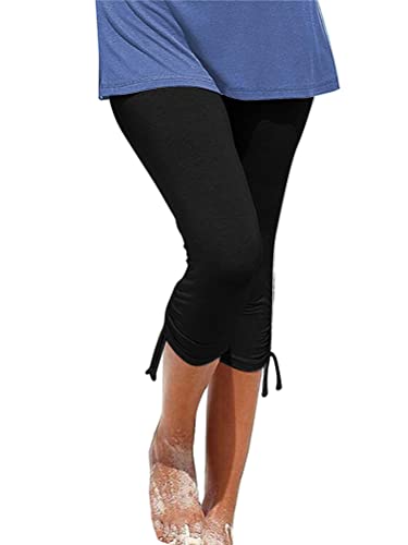 shownicer Caprihose Damen Sommer Capri-Leggings Stretch Sporthose 3/4 Trainingshose Mit Seitlicher Kordelzug Sport-Laufhose Outdoor Hosen Freizeithose A Schwarz L von shownicer