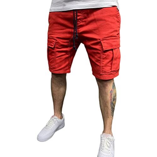 shownicer Cargo Shorts Herren Casual Jogger Kurze Hosen Sommer Freizeitshorts Sporthose mit Viele Taschen Regulär Fit Sport Cargo Shorts mit Kordelzug B Rot 3XL von shownicer