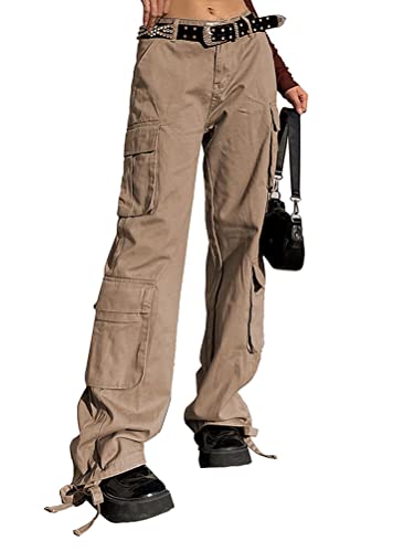shownicer Cargohose Damen Baggy Hose Y2K Track Pants Streetwear Elastische Taille Hose mit Taschen Vintage Streetwear P Khaki XL von shownicer
