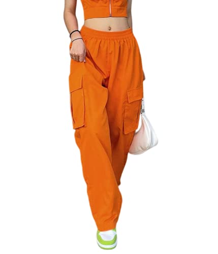 shownicer Cargohose Damen Baggy Low Waist Cargo Hosen Frauen Gerade Breites Bein Y2k Aesthetic Vintage Lang Freizeithose 90er E-Girl Streetwear P Orange S von shownicer