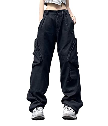 shownicer Cargohose Damen Baggy Low Waist Cargo Hosen Frauen Gerade Breites Bein Y2k Aesthetic Vintage Lang Freizeithose 90er E-Girl Streetwear R Schwarz L von shownicer