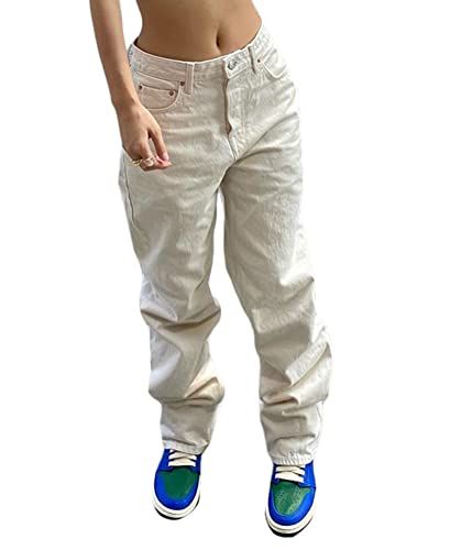 shownicer Cargohose Damen Baggy Low Waist Cargo Jeans Gerade Breites Bein Denim Hosen Y2k Aesthetic Vintage Jeanshosen 90er Streetwear A Weiß S von shownicer