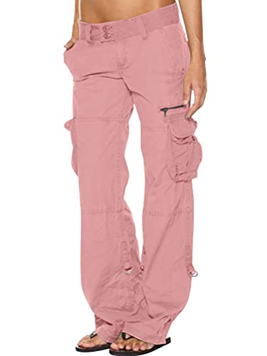 shownicer Cargohose Damen Baggy Y2K Breite Bein Hose Cargo Hosen Casual Solid Loose Gerade Hosen mit Kordelzug mit Taschen Teenager Mädchen E-Girl Streetwear B Rosa S von shownicer