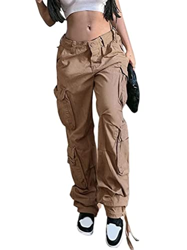 shownicer Cargohose Damen Low Waist Cargo Jeans Gerade Breites Bein Baggy Denim Hosen Y2k Aesthetic Vintage Jeanshosen 90er Streetwear A Khaki L von shownicer