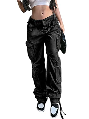 shownicer Cargohose Damen Low Waist Cargo Jeans Gerade Breites Bein Baggy Denim Hosen Y2k Aesthetic Vintage Jeanshosen 90er Streetwear A Schwarz L von shownicer