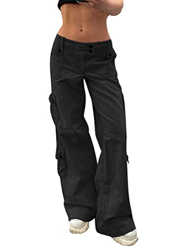 shownicer Cargohose Damen Low Waist Cargo Jeans Gerade Breites Bein Baggy Denim Hosen Y2k Aesthetic Vintage Jeanshosen 90er Streetwear B Schwarz L von shownicer