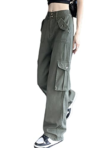 shownicer Cargohose Damen Low Waist Cargo Jeans Gerade Breites Bein Baggy Denim Hosen Y2k Aesthetic Vintage Jeanshosen 90er Streetwear R Grün M von shownicer