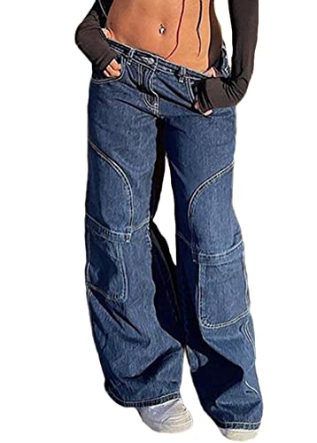 shownicer Cargohose Damen Low Waist Cargo Jeans Gerade Breites Bein Baggy Denim Hosen Y2k Aesthetic Vintage Jeanshosen 90er Streetwear W Blau M von shownicer