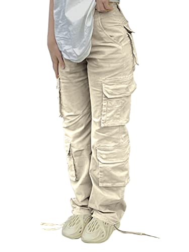 shownicer Cargohose Damen Low Waist Cargo Jeans Gerade Breites Bein Baggy Denim Hosen Y2k Aesthetic Vintage Jeanshosen 90er Streetwear X2 Beige L von shownicer