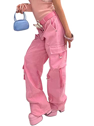 shownicer Cargohose Damen Low Waist Cargo Jeans Gerade Breites Bein Baggy Denim Hosen Y2k Aesthetic Vintage Jeanshosen 90er Streetwear X5 Rosa L von shownicer