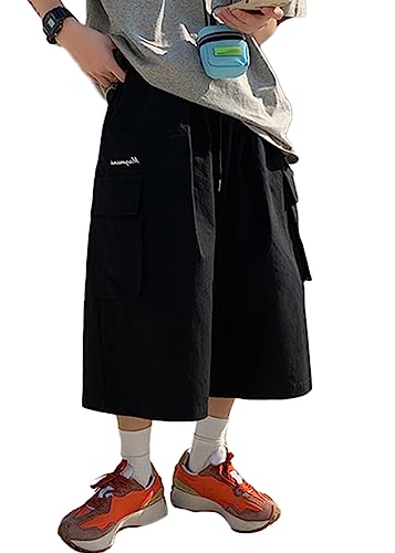 shownicer Cargoshorts Herren Baggy Hip Hop Cargo Shorts Straßentanz Kurze Hosen Teenager Jungen Skateboard Hose Sommer Bermuda Shorts mit Taschen E Schwarz L von shownicer