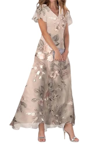 shownicer Chiffon Kleider Damen Elegant Sommerkleider Lange Kleid Rüschen Blumen Kurzarm V-Ausschnitt Hohe Taille Maxikleid Partykleid Blumenkleid Strandkleid Cocktailkleid A Khaki M von shownicer