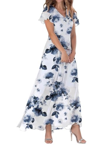 shownicer Chiffon Kleider Damen Elegant Sommerkleider Lange Kleid Rüschen Blumen Kurzarm V-Ausschnitt Hohe Taille Maxikleid Partykleid Blumenkleid Strandkleid Cocktailkleid A Marine XXL von shownicer