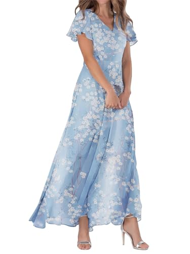 shownicer Chiffon Kleider Damen Elegant Sommerkleider Lange Kleid Rüschen Blumen Kurzarm V-Ausschnitt Hohe Taille Maxikleid Partykleid Blumenkleid Strandkleid Cocktailkleid A See Blau L von shownicer