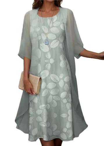 shownicer Chiffonkleid Set Damen Elegant Lang Blumendruck Abendkleid Sommer Rundhals Knielang Zweiteiler Tüll Cardigan Cocktailkleid A Grün XL von shownicer