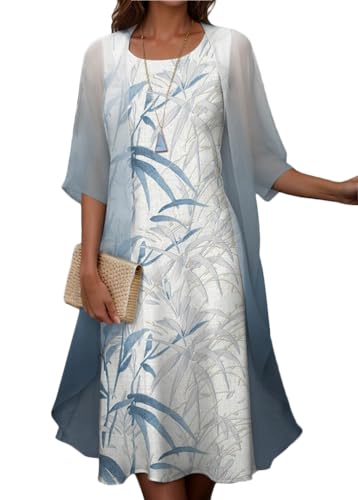 shownicer Chiffonkleid Set Damen Elegant Lang Blumendruck Abendkleid Sommer Rundhals Knielang Zweiteiler Tüll Cardigan Cocktailkleid B Blau XXL von shownicer