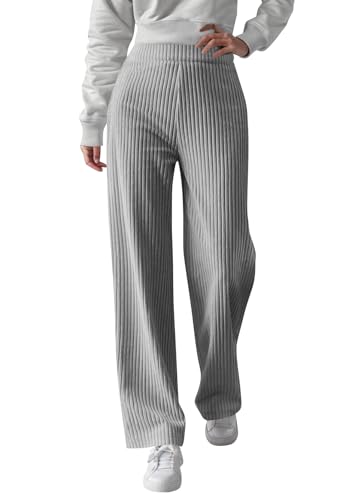 shownicer Cordhose Damen High Waist Weites Bein Thermohose Einfarbig Elegante Elastische Freizeithose Warme Jogginghose Sporthose A Grau XS von shownicer