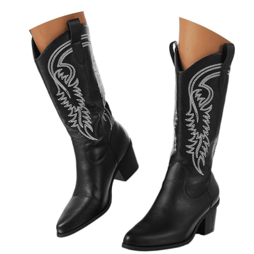 shownicer Cowboy hohe Stiefel Damen Elegante Hohestiefel Mode Spitz Zehe Hoher Stiefel Mode Übergangsstiefel Western Damenstiefel A Schwarz 41 von shownicer