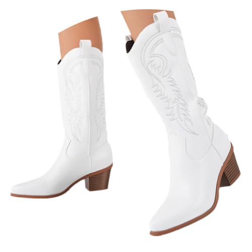 shownicer Cowboy hohe Stiefel Damen Elegante Hohestiefel Mode Spitz Zehe Hoher Stiefel Mode Übergangsstiefel Western Damenstiefel A Weiß 38 von shownicer