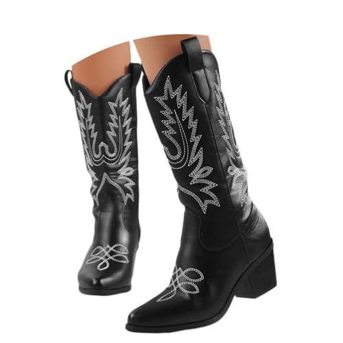 shownicer Cowboy hohe Stiefel Damen Elegante Hohestiefel Mode Spitz Zehe Hoher Stiefel Mode Übergangsstiefel Western Damenstiefel B Schwarz 42 von shownicer