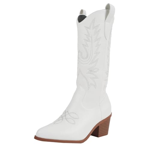 shownicer Cowboy hohe Stiefel Damen Elegante Hohestiefel Mode Spitz Zehe Hoher Stiefel Mode Übergangsstiefel Western Damenstiefel B Weiß 38 von shownicer