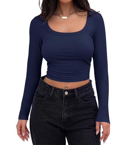 shownicer Crop Top Damen Strick Crop T-Shirt Bauchfrei Gestricktes Oberteile Quadratischem Kragen Langarmshirt Basic Cropped Tops Streetwear B Marine S von shownicer