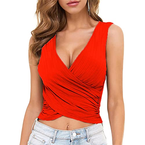 shownicer Crop Top Damen Tiefe V Ausschnitt Bauchfrei Top Ärmellose Tank Top Sexy Cross Wrap Sommer Oberteile Wickelshirt Einfarbig Tunika Vest Top Bluse Rot XXL von shownicer