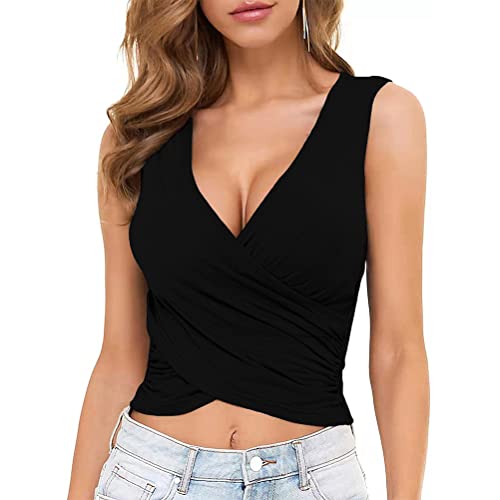 shownicer Crop Top Damen Tiefe V Ausschnitt Bauchfrei Top Ärmellose Tank Top Sexy Cross Wrap Sommer Oberteile Wickelshirt Einfarbig Tunika Vest Top Bluse Schwarz XXL von shownicer