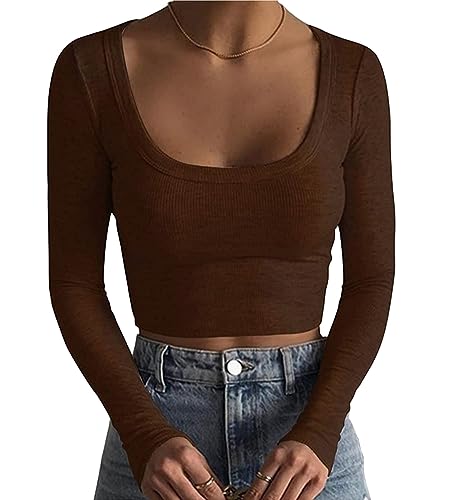 shownicer Crop Tops Damen T-Shirt Bauchfrei Oberteile Quadratischem Kragen Langarmshirt Cropped Top Basic Pullover Langarm Shirts Elegant Streetwear A Braun S von shownicer