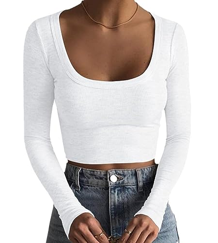 shownicer Crop Tops Damen T-Shirt Bauchfrei Oberteile Quadratischem Kragen Langarmshirt Cropped Top Basic Pullover Langarm Shirts Elegant Streetwear A Weiß M von shownicer