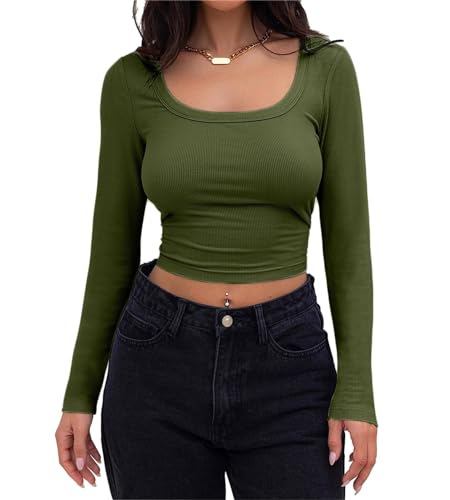 shownicer Crop Tops Damen T-Shirt Bauchfrei Oberteile Quadratischem Kragen Langarmshirt Cropped Top Basic Pullover Langarm Shirts Elegant Streetwear B Grün M von shownicer