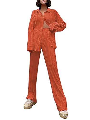 shownicer Damen 2 Stück Casual Outfits Revers Langarm Button Down Shirt Hohe Taille Lange Hosen Loungewear Streetwear Anzüge Weites Plissee Bein Hosenanzüge Zweiteiler A Orange L von shownicer