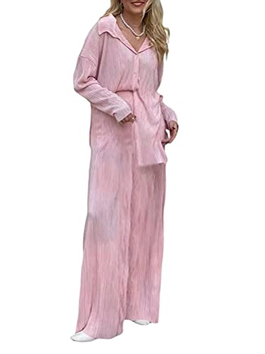 shownicer Damen 2 Stück Casual Outfits Revers Langarm Button Down Shirt Hohe Taille Lange Hosen Loungewear Streetwear Anzüge Weites Plissee Bein Hosenanzüge Zweiteiler A Rosa L von shownicer