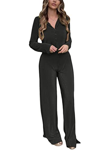 shownicer Damen 2 Stück Casual Outfits Revers Langarm Button Down Shirt Hohe Taille Lange Hosen Loungewear Streetwear Anzüge Weites Plissee Bein Hosenanzüge Zweiteiler C Schwarz L von shownicer