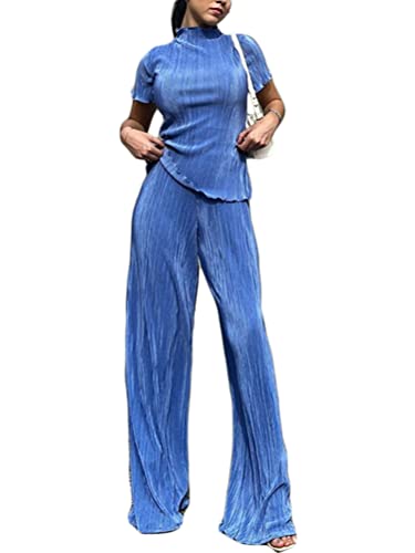 shownicer Damen 2 Stück Casual Outfits Revers Langarm Button Down Shirt Hohe Taille Lange Hosen Loungewear Streetwear Anzüge Weites Plissee Bein Hosenanzüge Zweiteiler G Blau S von shownicer